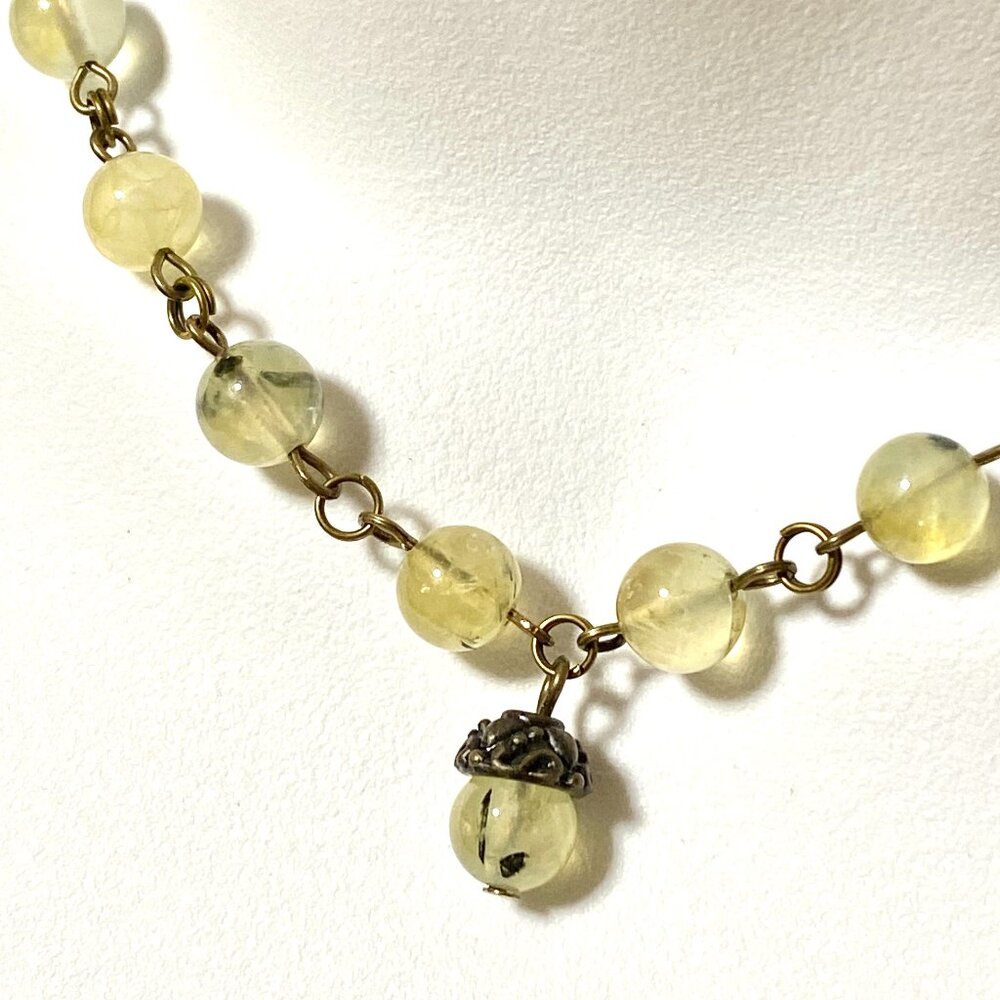 Natural Yellow Green Prehnite Necklace, Cute Bronze Acorn + Genuine Gemstone